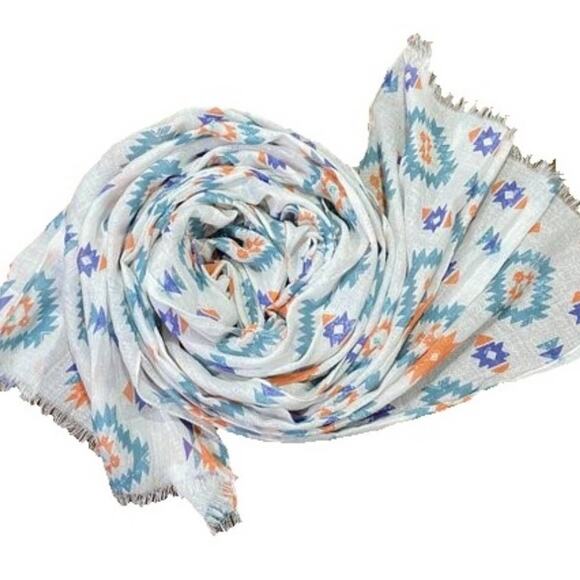 Funky Boho Raw Edge Scarf White with Multicolor Aztec Tribal Print L72" X W20" - Picture 8 of 8